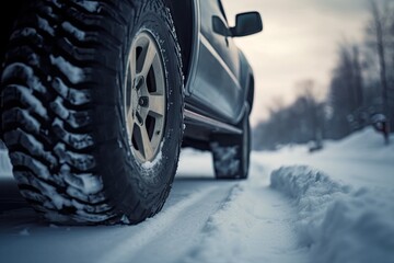 a close-up of a car's rubber tires in deep snow with a focus on safety and mobility. Generative AI