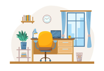 Flat Home Office room concept with computer on desk and chair. Interior items of modern midcentury design with window and books. Vector cartoon illustration with working place accessories and lamp
