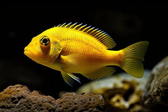 An aquarium's detailed photo of a yellow cichlid fish. Generative AI