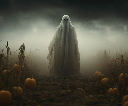 Scary ghost in the fog. Horror style. Halloween background.