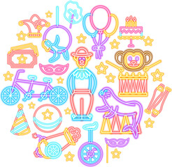 Circus Neon Concept. PNG Illustration of Entertainment Festival Glowing Objects.