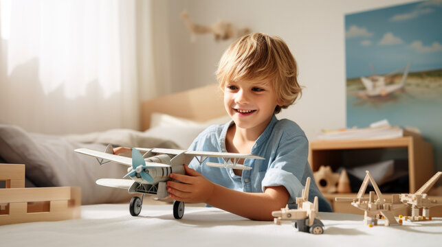 Happy child boy playing with a wooden toy airplane