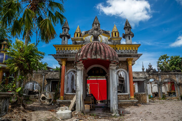 Fototapeta premium Old abandoned amusement park. Beautiful and colorful buildings. Sunny summer day. Architecture of an abandoned building.