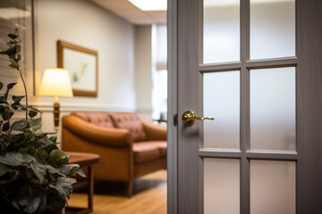 inviting view of the psychologists office door to the waiting room with leather couch. Generative AI