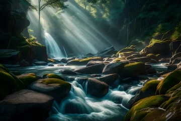  A wild stream crashes through a maze of ancient rocks, its powerful flow a testament to nature's raw energy - AI Generative © Taimoor