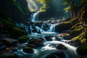 A wild stream crashes through a maze of ancient rocks, its powerful flow a testament to nature's raw energy - AI Generative