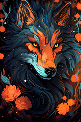 Animal wallpaper of a mythical wolf with floral style,AI