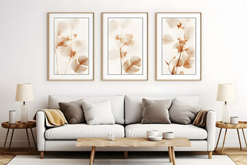 wall with three mock up poster frames. Mid century interior design of modern living room ai generated