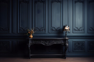 Carved console table against classic dark blue paneling wall with moldings ai generated