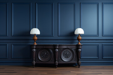 Carved console table against classic dark blue paneling wall with moldings ai generated