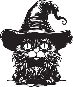 Halloween cat in a witch hat, Vintage cat head, halloween black cat Vector illustration, SVG