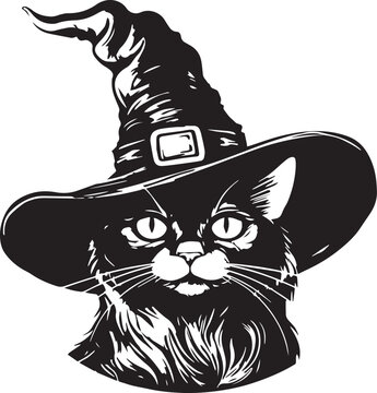 Halloween cat in a witch hat, Vintage cat head, halloween black cat Vector illustration, SVG