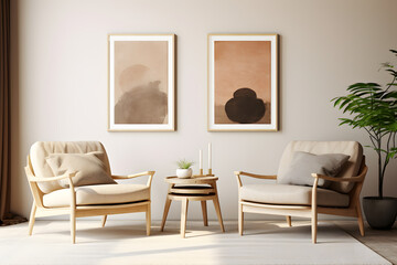 chairs and round wooden coffee table with mock up poster ai generated