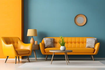 Orange loveseat sofa and barrel chair against of blue yellow wall. Mid century interior design of modern living room  ai generated