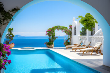 Fototapeta premium pool with stunning sea view. Traditional mediterranean white architecture with arch. Summer vacation concept generated