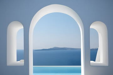 pool with stunning sea view. Traditional mediterranean white architecture with arch. Summer vacation concept generated