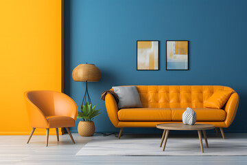 Orange loveseat sofa and barrel chair against of blue yellow wall. Mid century interior design of modern living room  ai generated