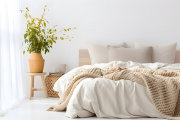 Scandinavian style interior design of modern bedroom. Bed with beige pillow and knitted blanket  ai generated