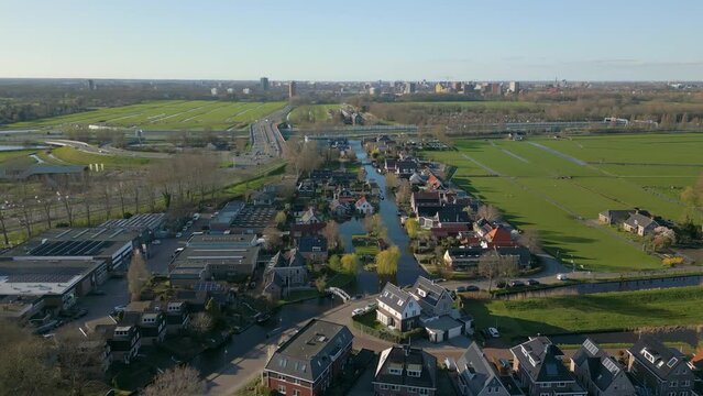 Aerial drone view of a dutch village named Zoeterwoude