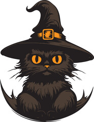Halloween cat in a witch hat, Vintage cat head, halloween black cat Vector illustration, SVG