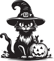 Halloween cat in a witch hat and pumpkin, Vintage cat head, halloween black cat Vector illustration, SVG