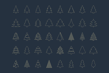 Vintage Christmas tree icon collection. Christmas tree golden line icons. Vector illustration.