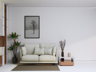 living room with cream sofa, plants and coffee table, small painting on white wall background