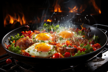 Delicious fried eggs with vegetables in a frying pan cooked on fire with smoke, tasty and healthy food for breakfast and lunch