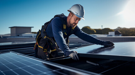 Empowering Homes: High-Resolution Photograph of a Male Worker Installing Solar Panels on a Private Roof, Symbolizing the Shift to Renewable Energy