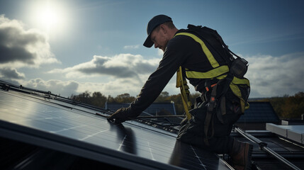 Empowering Homes: High-Resolution Photograph of a Male Worker Installing Solar Panels on a Private Roof, Symbolizing the Shift to Renewable Energy