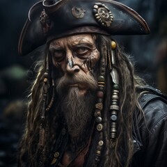  hyper-realistic portrait of a weathered pirate captain, capturing the intricate details of their rugged face