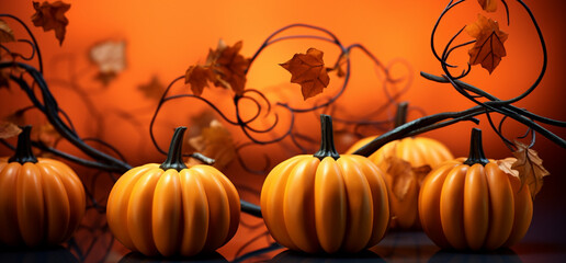 Composition with ripe pumpkins on table. Thanksgiving Banner with Pumpkins