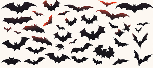 Fototapeta na wymiar Flock of bats on white background, silhouette bats fly in the sky, halloween, AI Generation