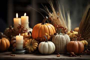 Orange pumpkins with candles on wooden table. Holiday autumn festival. Thanksgiving and harvest concept