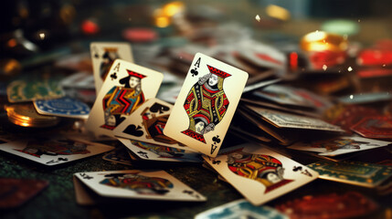 A stack of playing cards on a tabletop - obrazy, fototapety, plakaty