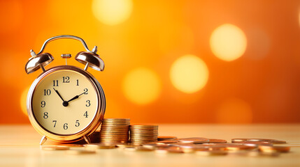 Time is money concept. Coin stack with alarm clock on yellow background with bokeh
