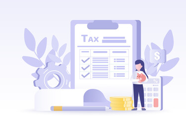 Income tax filling to process of submit to government for taxation purposes. Accountant calculate revenue, fill out tax forms, manage taxes. Flat vector design illustration.
