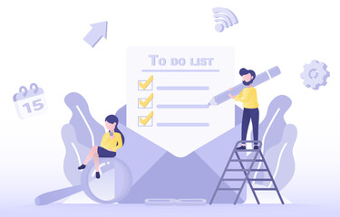 Fototapeta na wymiar Electronic to-do lists and planning checklist concept. Business people holding a pencil to check on paper. Daily work plan and note. Flat vector design illustration.