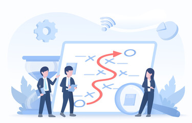 KPI business strategy concept. Business people meeting, discussion, competition, opportunity, planning, thinking and brainstorming towards goal. Flat vector design illustration.