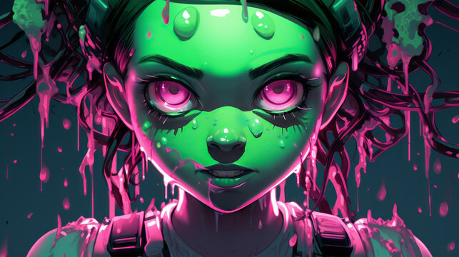 A digital painting of a girl with haunting pink eyes, perfect for Halloween or a dark comic art collection - Halloween Comic Art