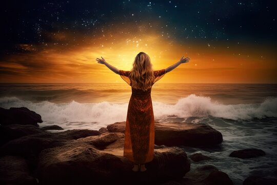 A woman salutes the gorgeous night sky as she stands there. Generative AI
