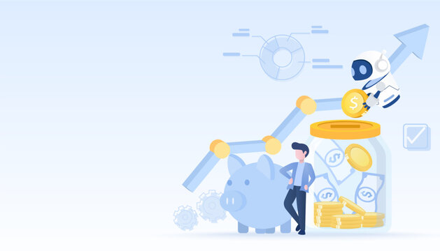 Business and artificial intelligence (AI) technology concept. Saving money, accumulate to start up business. Manage and collect money to achieve business successful. Flat vector design illustration.