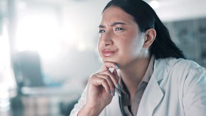 Computer, woman thinking or scientist reading in laboratory for chemistry research report or scientific feedback. Medical analysis, data or researcher on search for online medicine development news