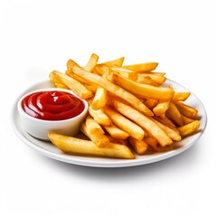 French fries with ketchup isolated on white background side view 