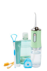 Electronic oral irrigator, toothbrush, paste, dental floss and mouthwash isolated on white background. Dental tool for oral hygiene. Electric Interdental Cleaner. Dental water shower. Oral care concep