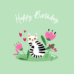 Cute cartoon cat and flowers