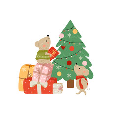 Two mice decorate Christmas tree