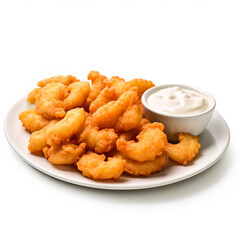 Fried shrimp with tartar sauce isolated on white background side view 