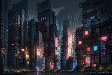 Fototapeta premium Cyberpunk City concept art Night city moment with neon light,gloomy buildings