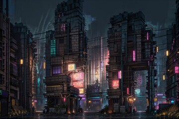Fototapeta na wymiar Cyberpunk City concept art Night city moment with neon light,gloomy buildings